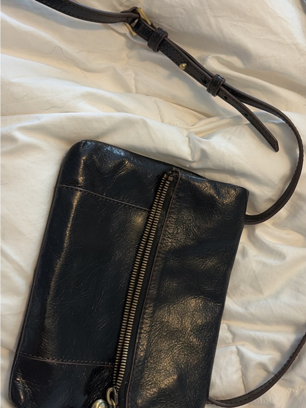 HOBO Black Leather Crossbody Messenger Bag with Brass Zip